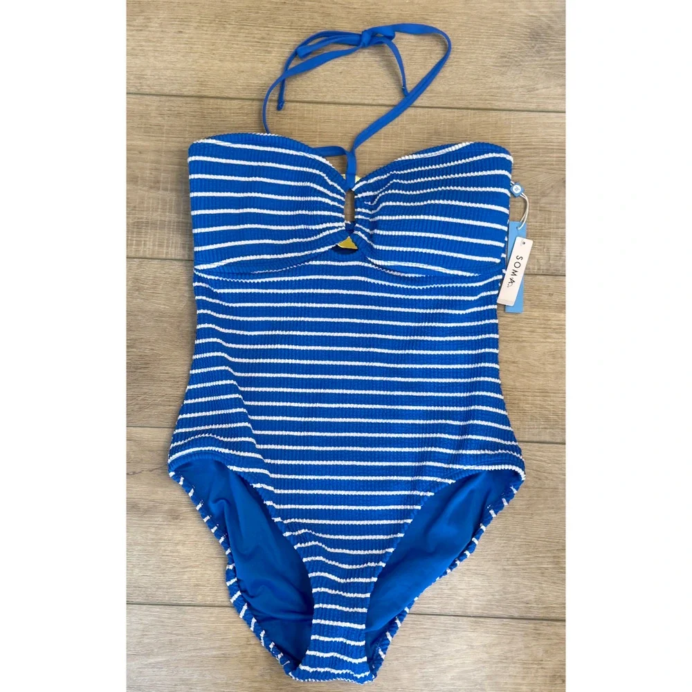 BLEU ROD BEATTIE AZUR PARK BLUE WHITE PUCKER UP BANDEAU ONE PIECE SWIMSUIT 12